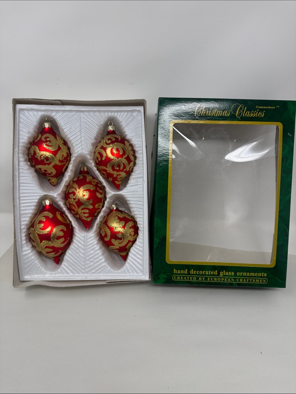 COMMODORE CHRISTMAS CLASSICS TEARDROP ORNAMENTES HAND DECORATED GLASS